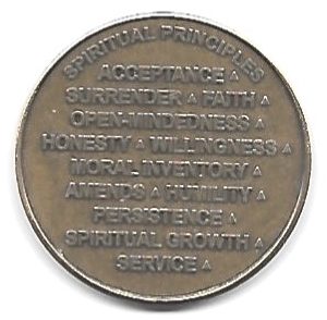 Coin from Alcoholics Anonymous that includes AA spiritual principles